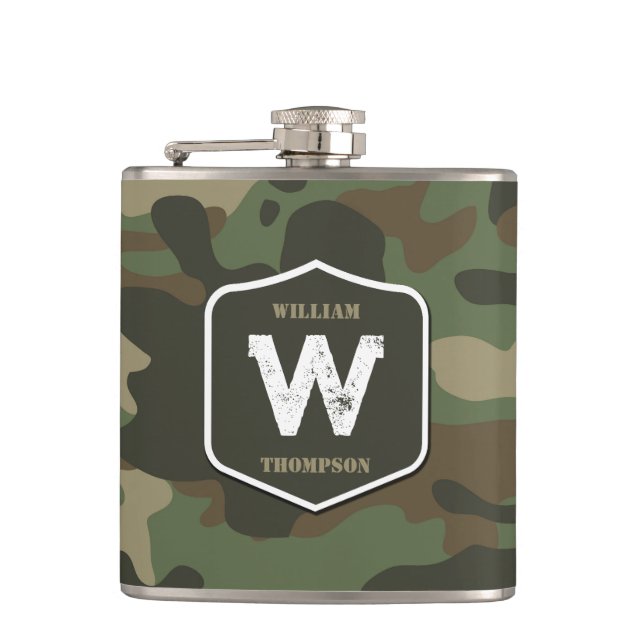 Camouflage Green Camo Army Pattern Monogram Flask (Front)