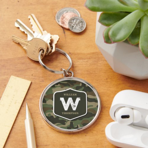 Camouflage Green Camo Army Pattern Monogram Keychain