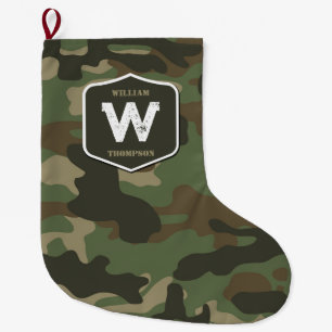 Camouflage Green Camo Army Pattern Monogram Large Christmas Stocking