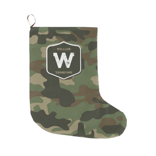 Camouflage Green Camo Army Pattern Monogram   Large Christmas Stocking