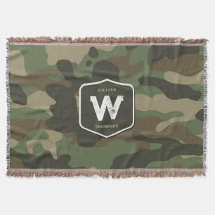 Camouflage Green Camo Army Pattern Monogram  Throw Blanket