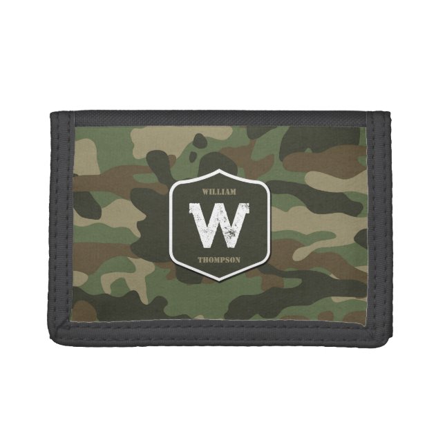 Camouflage Green Camo Army Pattern Monogram  Tri-fold Wallet (Front)
