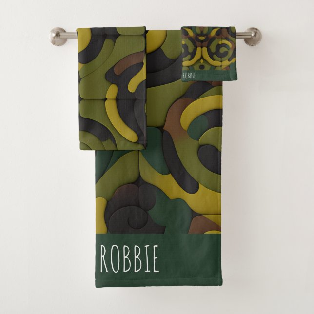 Camouflage Green Mosaic Pattern Bath Towel Set (Insitu)