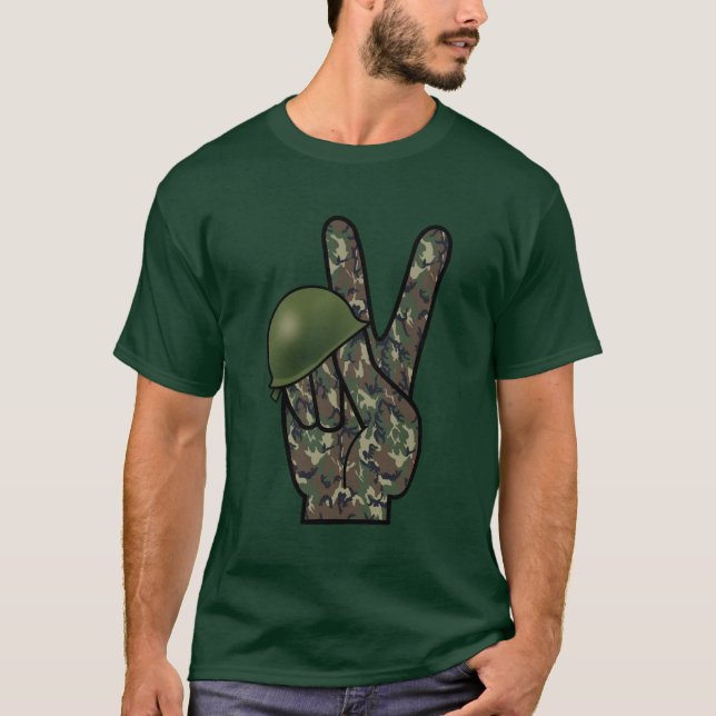 Camouflage Hand Victory / Peace Sign T-Shirt (Front)