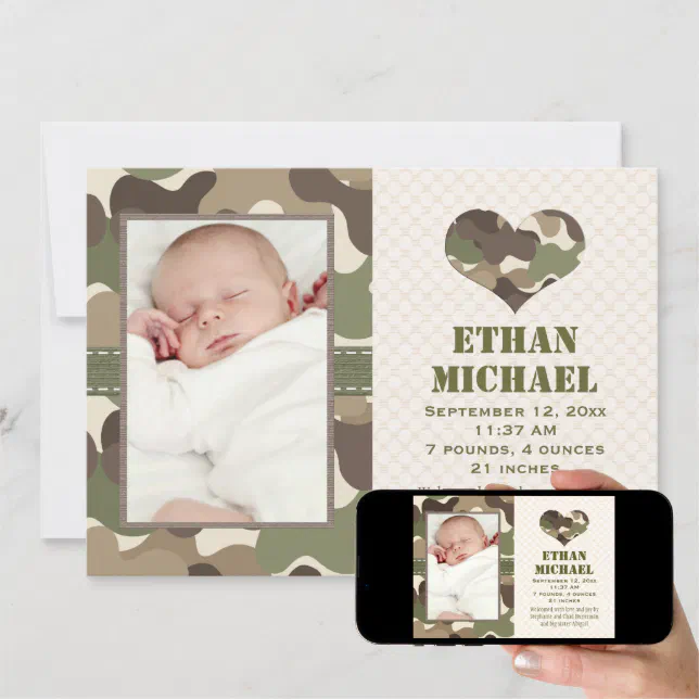 Camouflage Heart Baby Photo Birth Announcement (Downloadable)