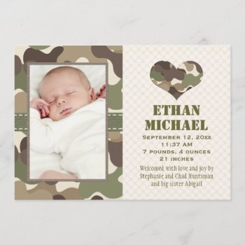 Camouflage Heart Baby Photo Birth Announcement by OccasionInvitations at Zazzle