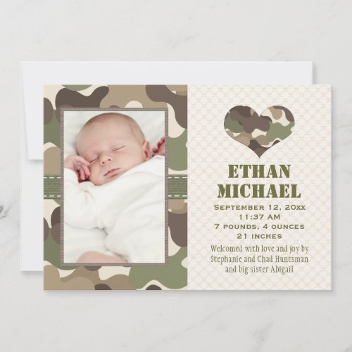Camouflage Heart Baby Photo Birth Announcement