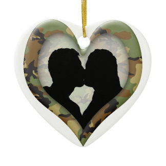 Camouflage Heart with Kissing Couple Ceramic Ornament