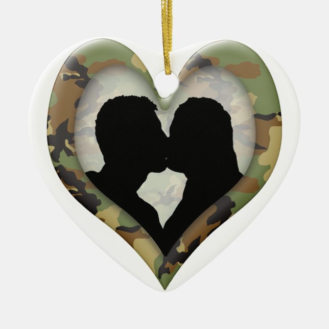 Camouflage Heart with Kissing Couple Ceramic Ornament (Front)