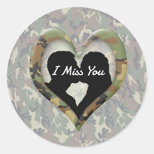 Camouflage Heart with Kissing Couple Miss You Classic Round Sticker