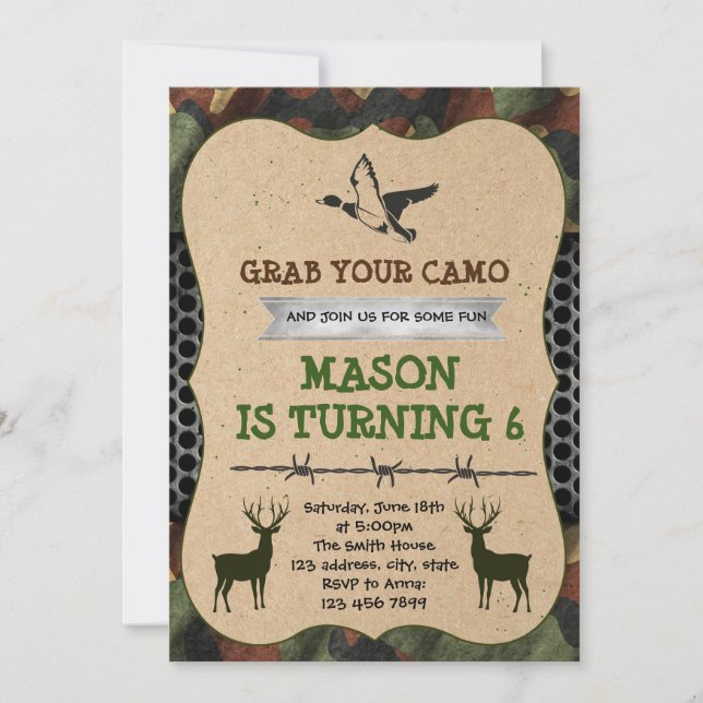 Camouflage hunting party invitation (Front)