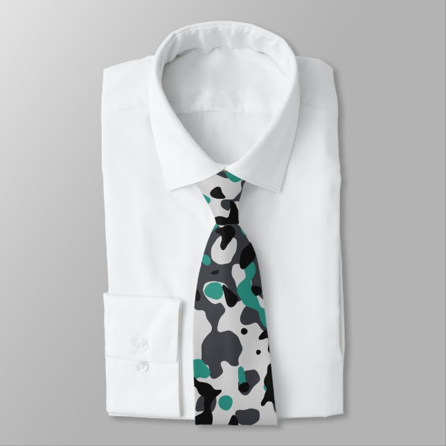 Camouflage in Teal, Gray, and Black Neck Tie (Tied)