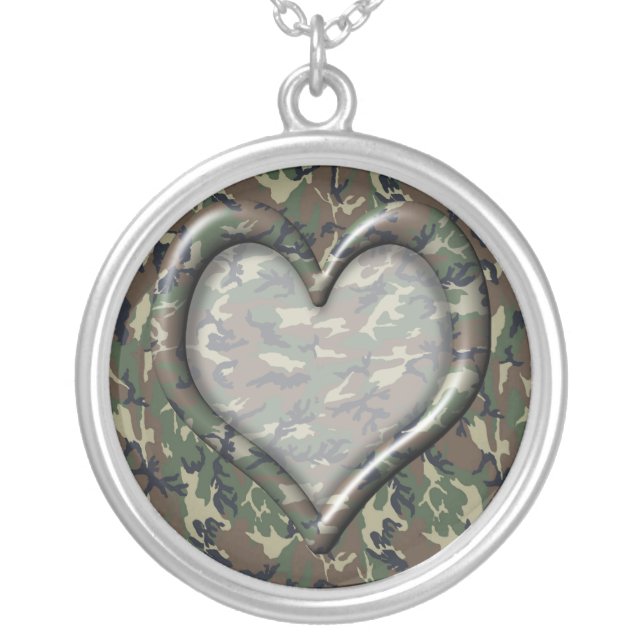Camouflage Military Pattern Heart Silver Plated Necklace (Front)