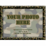 Camouflage Military Photo Frame Cutout<br><div class="desc">Upload a photo of your service member (NOTE: look for the Purple Heart Medal version in this category if your service member received one), and choose whether to have your photo sculpture made as a magnet (perfect for fridge, locker or filing cabinet), stand-up ornament for desk or mantle, hanging ornament...</div>