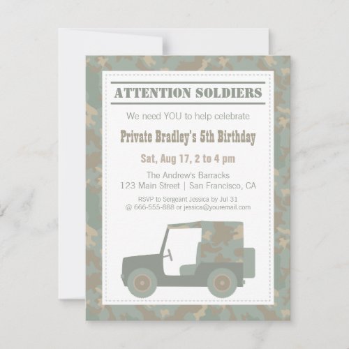 Camouflage Military Print Army Birthday Party Invitation