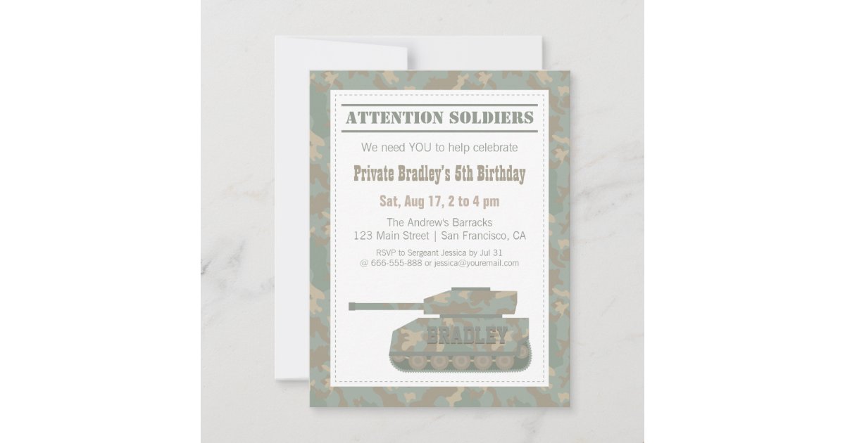Camouflage Military Print Army Tank Birthday Party Invitation | Zazzle