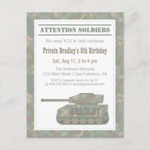 Camouflage Military Print Army Tank Birthday Party Invitation