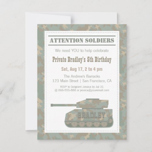 Camouflage Military Print Army Tank Birthday Party Invitation