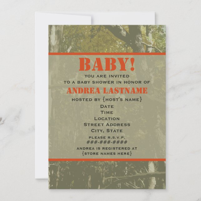Camouflage & Orange Baby Shower Invitation (Front)