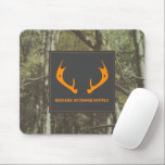 Camouflage Orange Deer Antlers Outdoor Business Mouse Pad<br><div class="desc">Illustration of a pair of orange deer antlers and custom business name over gray background with camo border</div>