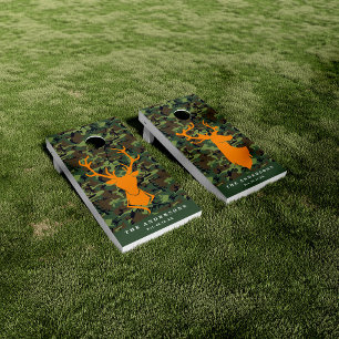 Camouflage Orange Deer Buck Hunting Monogram Cornhole Set