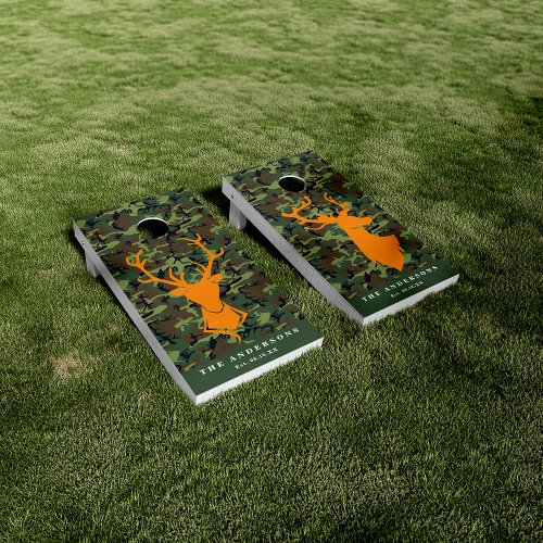 Camouflage Orange Deer Buck Hunting  Monogram Cornhole Set