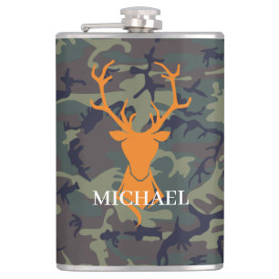Camouflage Orange Deer Buck Hunting   Monogram Flask