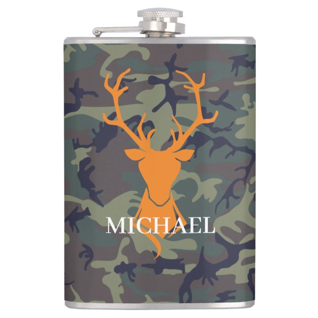 Camouflage Orange Deer Buck Hunting | Monogram Flask (Front)