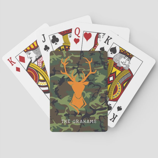 Camouflage Orange Deer Buck Hunting | Monogram Poker Cards (Back)