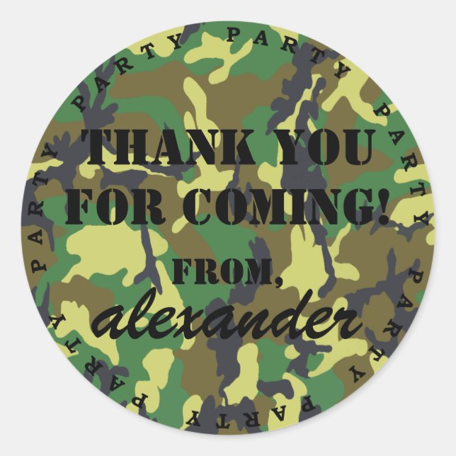Camouflage Party Thank You Classic Round Sticker (Front)