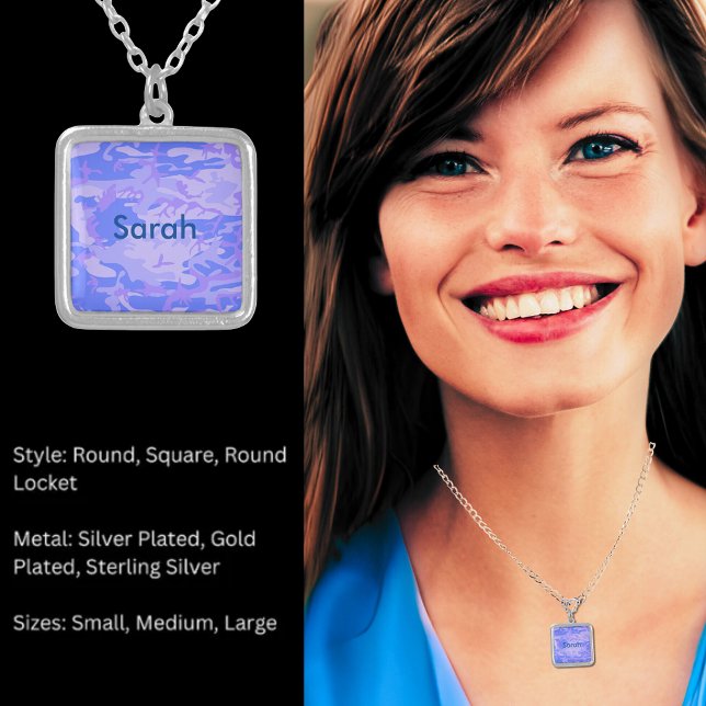 Camouflage Pastel Blue Abstract Pattern & Name Silver Plated Necklace (Custom Name Camouflaged Pastel Blue Abstract Pattern Silver Plated Necklace)