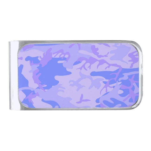 Camouflage Pastel Blue Abstract Pattern Silver Finish Money Clip (Front)