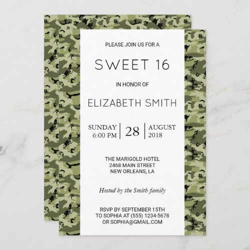 Camouflage Pattern Camo Military Sweet 16 Invitation