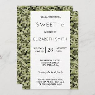Camouflage Pattern, Camo, Military, Sweet 16 Invitation