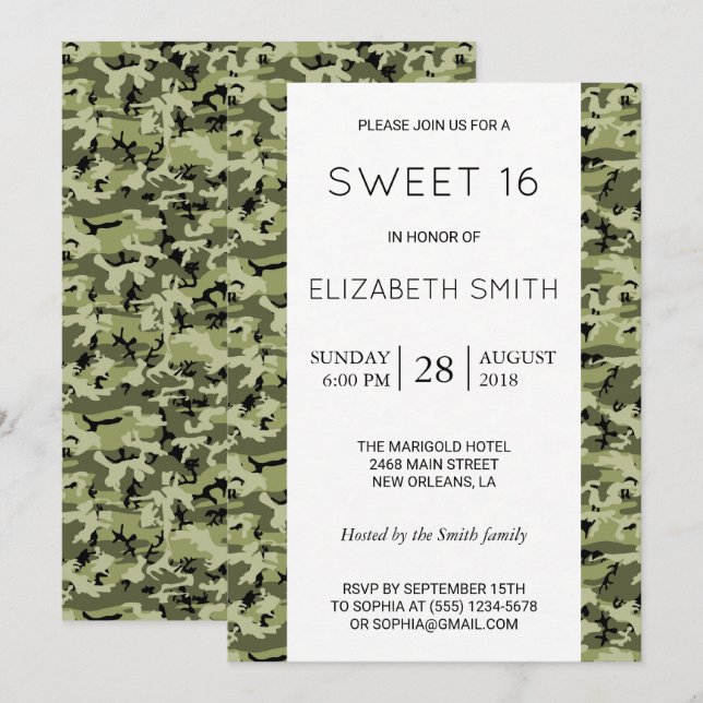 Camouflage Pattern, Camo, Military, Sweet 16 Invitation (Front/Back)