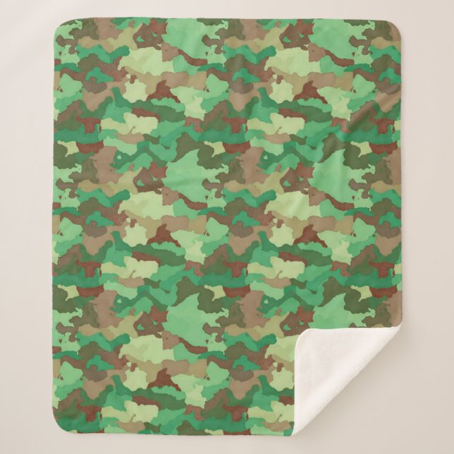 Camouflage Pattern, Green, Brown and Tan   Sherpa Blanket (Front)