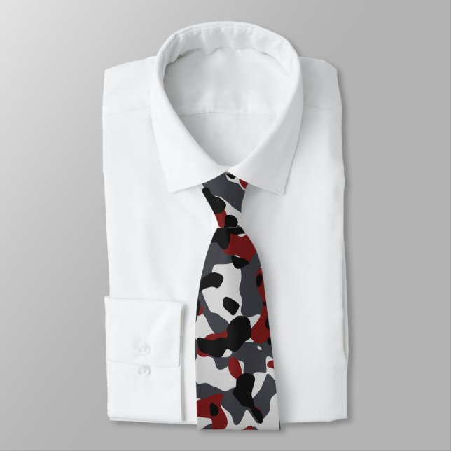 Camouflage Pattern in Burgundy, Slate, and Black Neck Tie (Tied)