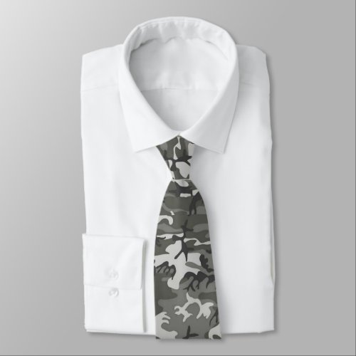 Camouflage Pattern Shades of Gray with Black  Neck Tie