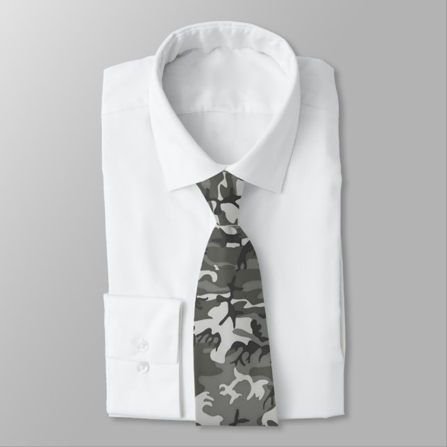 Camouflage Pattern, Shades of Gray with Black  Neck Tie (Tied)