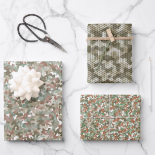 Camouflage patterns in green wrapping paper sheets