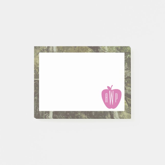 Camouflage + Pink Apple Monogrammed Teacher Post-it Notes (Front)