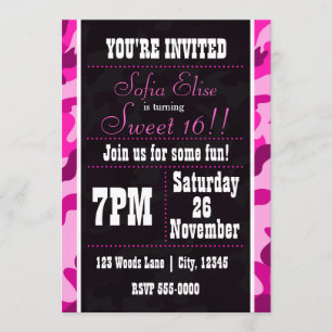 Camouflage Pink & Black Birthday Party Invitation