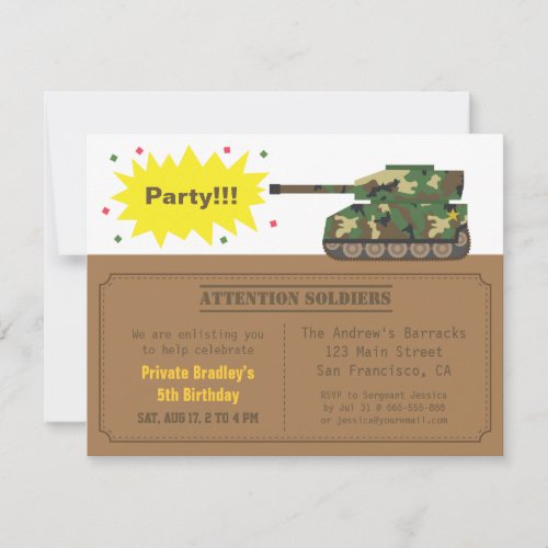 Camouflage Print Tank Boy Birthday Party Invitation