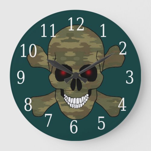 Camouflage Red Eyes Skull And Crossbones Clock