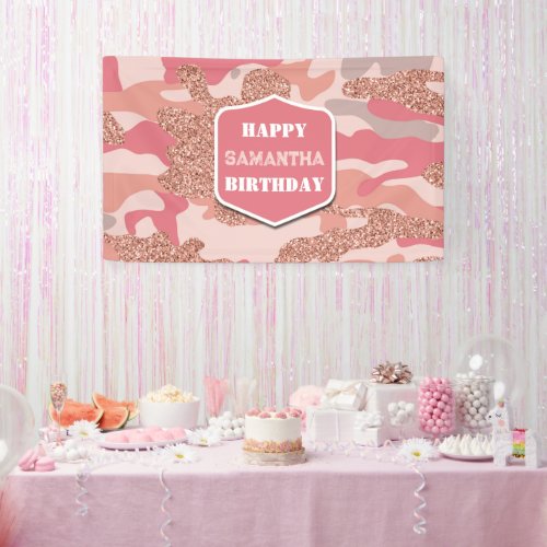 Camouflage Rose Gold Blush Pink Camo Army Birthday Banner