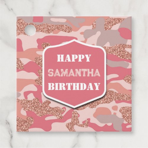 Camouflage Rose Gold Blush Pink Camo Army Birthday Favor Tags