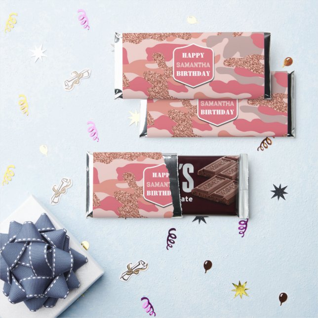 Camouflage Rose Gold Blush Pink Camo Army Birthday Hershey Bar Favors (Front)