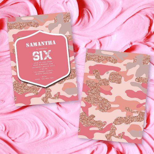 Camouflage Rose Gold Blush Pink Camo Army Birthday Invitation