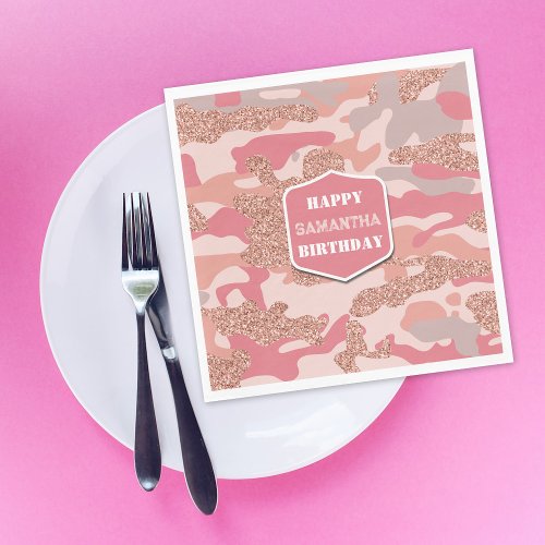 Camouflage Rose Gold Blush Pink Camo Army Birthday Napkins