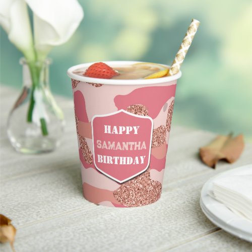 Camouflage Rose Gold Blush Pink Camo Army Birthday Paper Cups